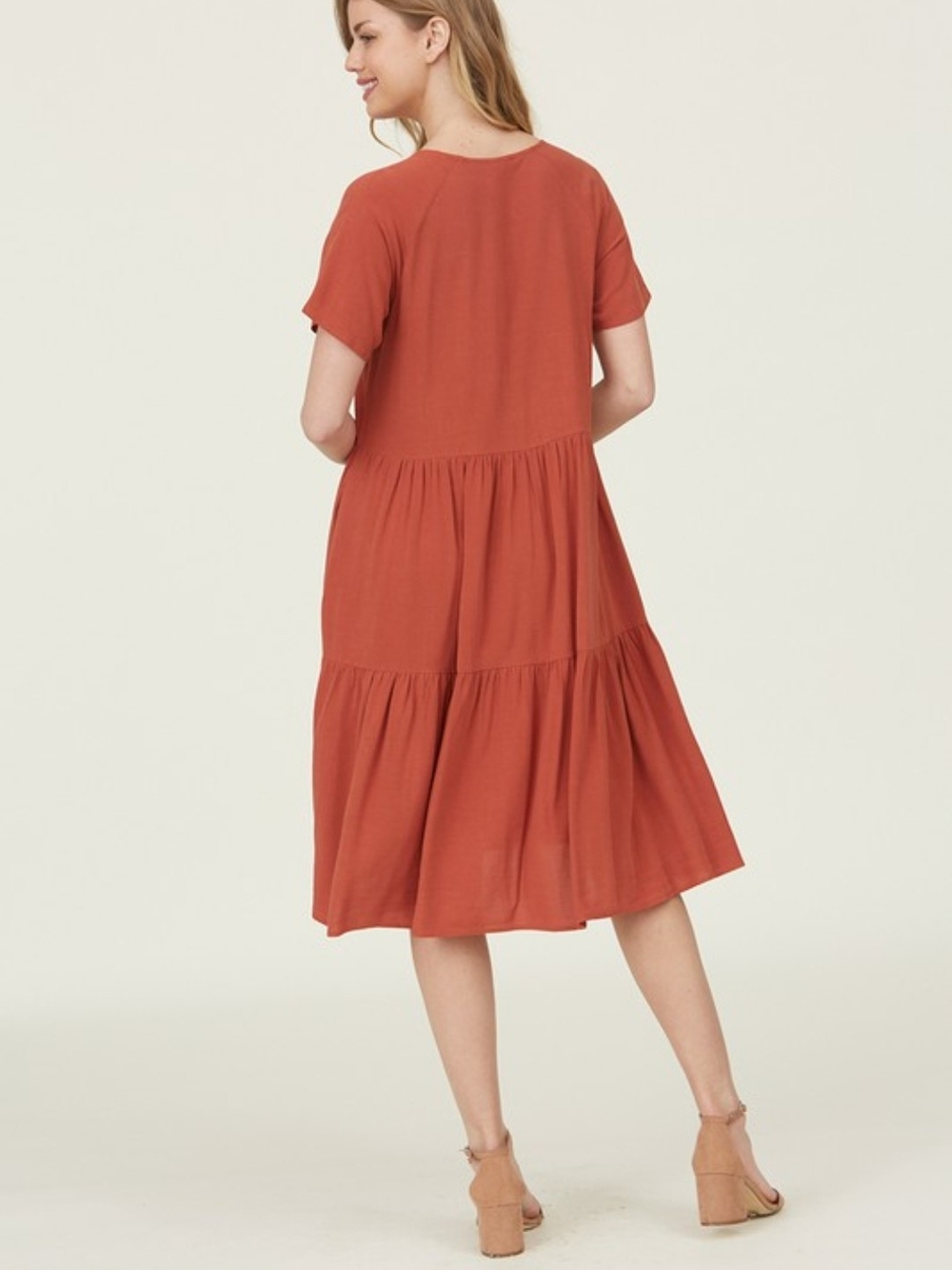 Plus Sized Women's Tiered Short Sleeve Midi Dress - Cinnamon - Picture 6 of 6
